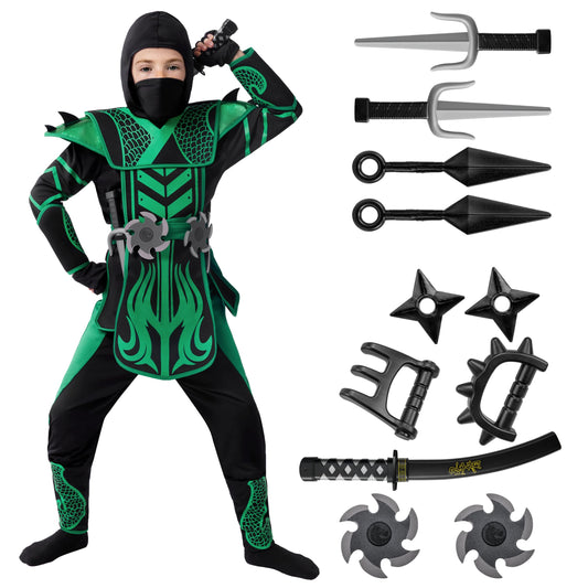 Spooktacular Creations Kids Halloween Ninja Costume Boys Ninja Costume for Toddler Halloween Costume Dress Up Party Ninja Role Playing Themed Parties Green Black (Large(10-12 yrs))
